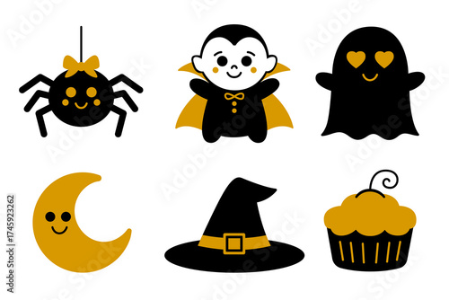Cute Halloween vector icons set collection with cartoon spider, vampire, ghost, moon, witch hat, cupcake. Adorable Halloween holiday icons for invitation, poster, banner, greeting card, decorations