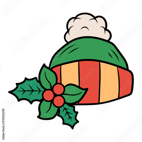 Festive winter hat adorned with holly berries, perfect for holiday cheer, seasonal designs, and cozy Christmas projects, a charming touch of Yuletide spirit