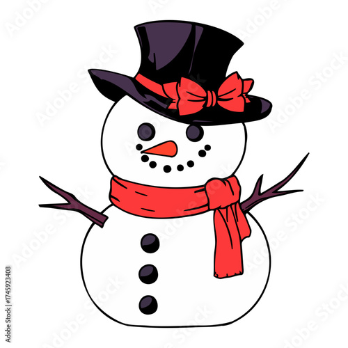 Charming snowman with top hat and bow tie spreading holiday cheer, perfect for festive cards, winter promotions, and seasonal website designs, whimsical winter fun