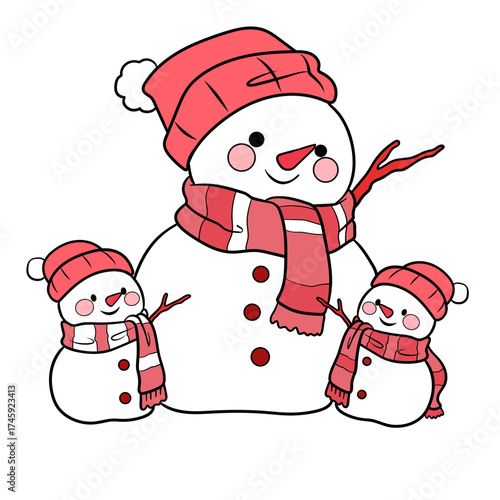 Charming snow family illustration, perfect for winter holiday cards and cheerful seasonal designs, bringing warmth and joy to your festive projects