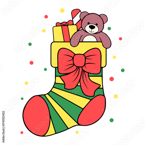 Festive Christmas stocking overflowing with gifts and a teddy bear, perfect for holiday cheer and seasonal promotions, adding a touch of warmth and joy