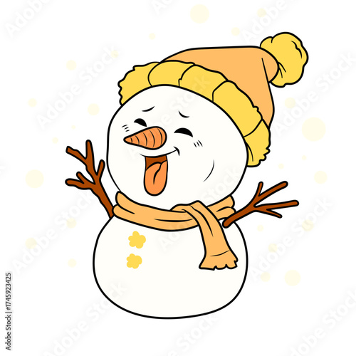 Cheerful cartoon snowman with a playful expression wearing a hat and scarf, a fun holiday illustration perfect for winter celebrations and seasonal greetings