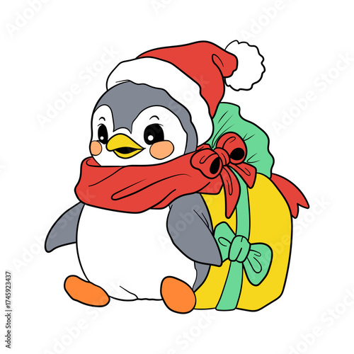 Adorable cartoon penguin wearing a Santa hat and scarf, clutching a brightly wrapped Christmas gift ready to spread holiday cheer and seasonal joy