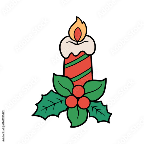 Festive Christmas Candle with Holly Berries Illustration for Holiday Cheer, Perfect for Cards, Decorations, and Seasonal Designs, Adding Warmth and Joy