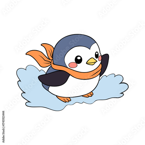 Adorable penguin cartoon character waves hello wearing a stylish orange scarf, perfect for winter greetings, holiday cards, and children's illustrations