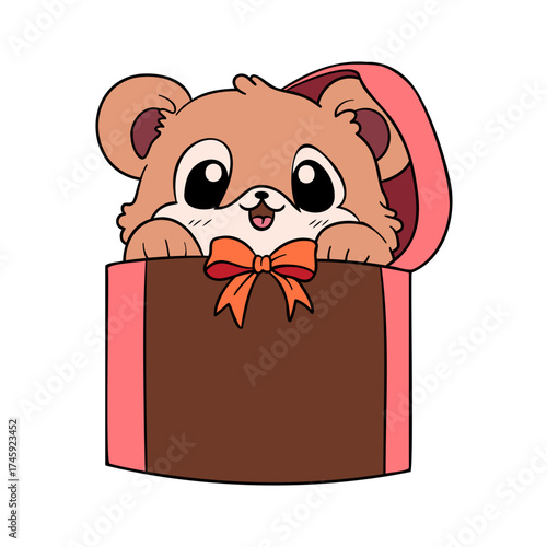 Adorable cartoon bear pops out of a gift box with a cute bow, perfect for birthdays, celebrations, and heartwarming greetings, spreading joy and smiles