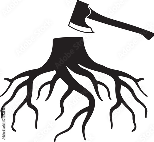 Conceptual icon of a cut tree and felling axe