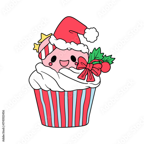 Adorable kawaii cupcake wearing a Santa hat, perfect for festive holiday cheer, baking promotions, and sweet Christmas-themed designs for greetings and marketing