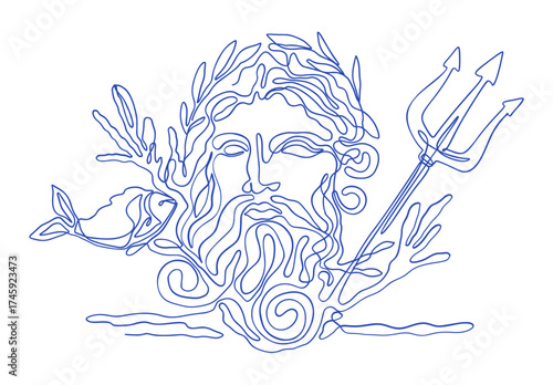 Greek Mythology Poseidon Line Art God Of Sea Storm Ocean Ancient God Outline One Line Modern Minimalist Vector