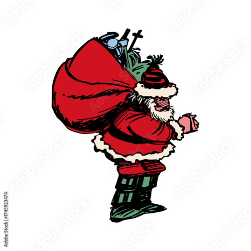 Festive Santa Claus carrying a sack full of presents, spreading Christmas joy with a playful and cheerful spirit, ready for holiday celebrations