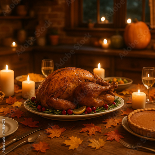 Roasted Thanksgiving Turkey on Cozy Candlelit Table