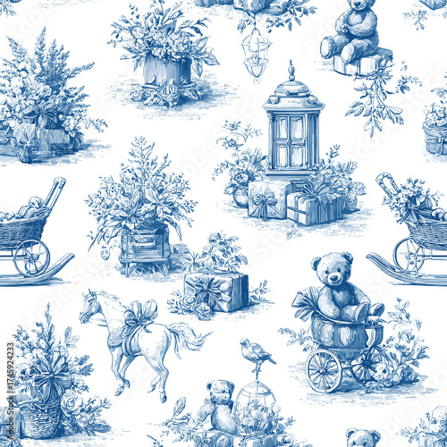 seamless pattern in vintage toile engraving style. Hand-drawn baby theme Christmas design with teddy bears, rocking horse, toys, Christmas trees, floral decorations, and gift boxes