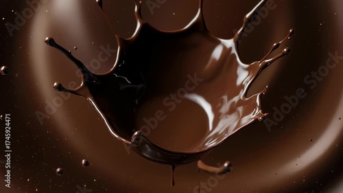 A luscious splash of thick, dark, brown liquid, forming a crown shape, with drips and droplets