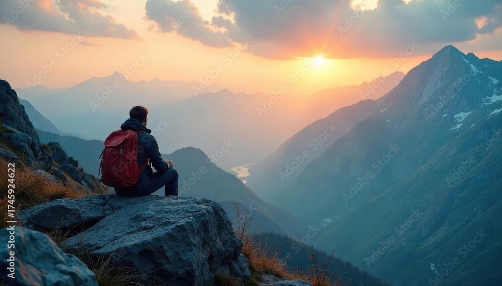 Fototapeta premium Majestic Mountain Solitude Backpackers Dawn on a Misty Peak, Epic Journey Awaits
