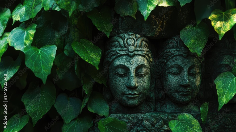 Fototapeta premium Two statues of faces are sitting on a green leafy background