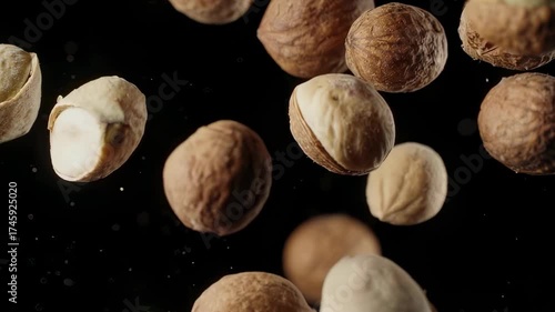 Close-up of several floating, shelled food items against a dark background, showing a variety of textures