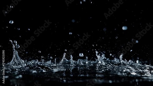 A dynamic shot captures water mid-splash. Droplets and a larger splash against a black backdrop