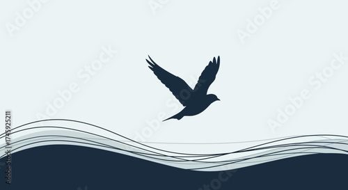 Silhouette of a bird in flight against a gradient background with wavy lines.