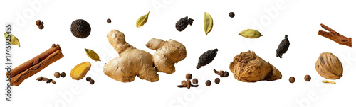 Collection of various aromatic spices on a white background.