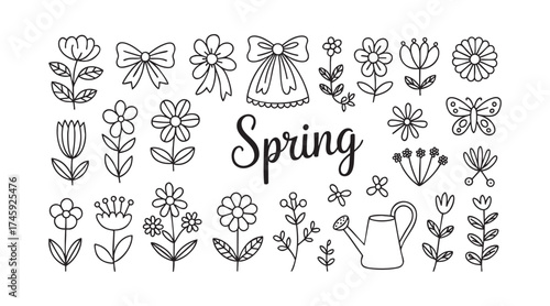 Spring Flowers and Garden Elements - Hand-Drawn Floral Illustrations with Watering Can
