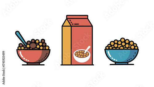 Cute Cartoon Cereal Bowls and Box with Colorful Grains - Fun and Playful Breakfast Design

