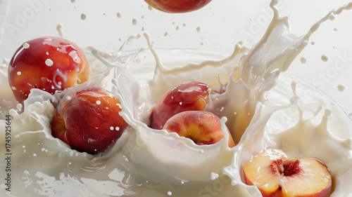 A close up shot showing three peaches falling into white liquid, causing splashes and creating dynamic shapes