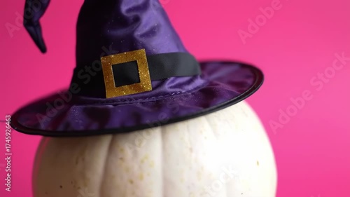 Witch's hat sits on pumpkin against pink background, for festive Halloween decorations