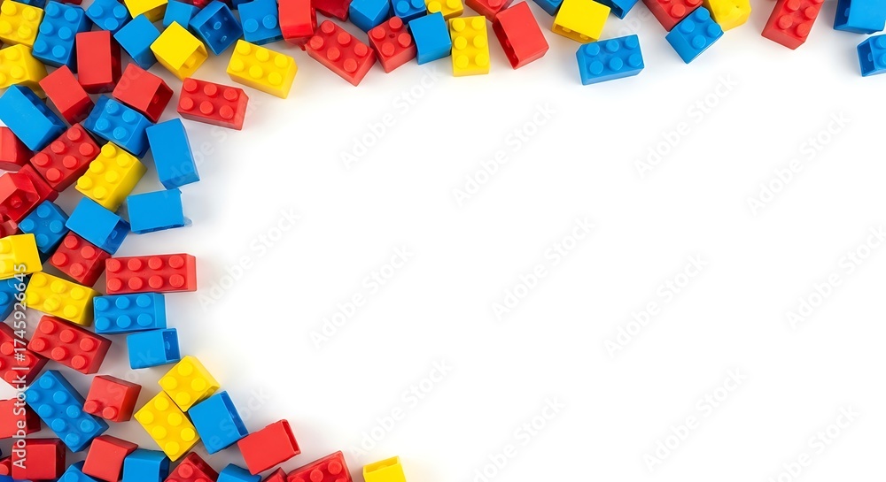 Fototapeta premium Colorful Building Blocks Border Red with Blue, and Yellow Toy Bricks on White Background.