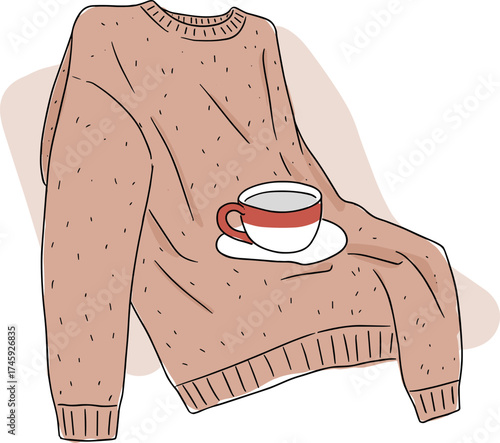 Cozy knitted sweater with a cup of tea resting on its sleeve designed in a hand-drawn style, transparent background  
