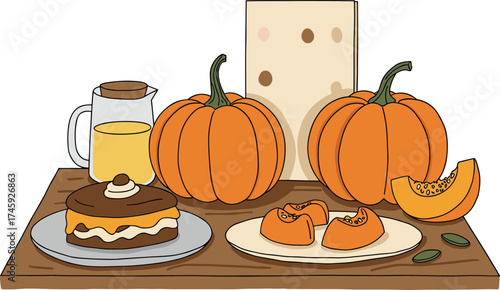 A variety of autumn-themed desserts and pumpkins on wooden table in hand-drawn style, transparent background  