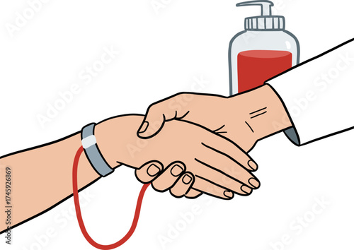 Two hands shaking, blood donation in progress with medical supplies  