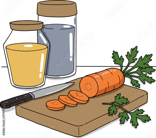 Sliced carrot on wooden cutting board with spices in jars and knife, hand-drawn style, transparent background  