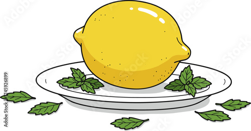 Fresh lemon on a plate with mint leaves in hand-drawn style, transparent background  