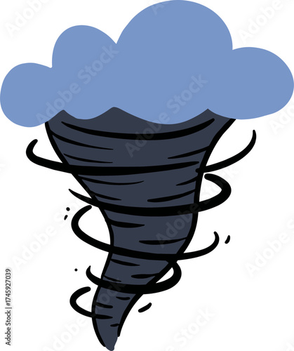 Tornado with blue cloud and swirling winds in hand-drawn style, transparent background  