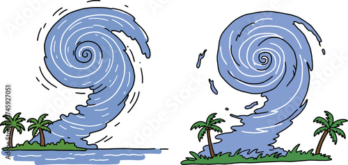 Swirling water cyclone with palm trees in hand-drawn style, transparent background  