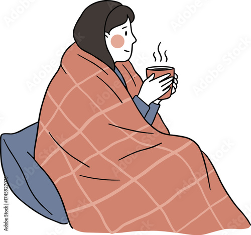Young woman sitting on the floor wrapped in a blanket holding a warm drink in a cozy hand-drawn style with a transparent background  