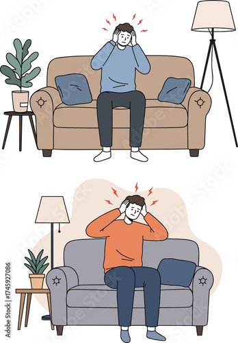 Young man sitting on a couch covering his ears due to loud noise in hand-drawn style, transparent background  
