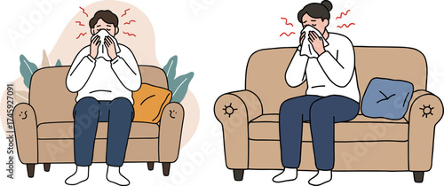 Sick man blowing nose with tissue while sitting on sofa at home  