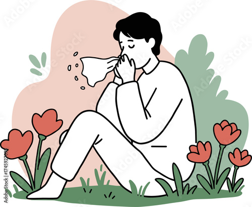 Young man sneezing while sitting among flowers in a garden setting  