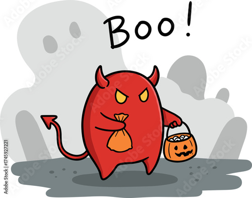 Cartoon devil character holding a trick-or-treat bag in Halloween setting  