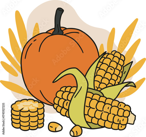 Pumpkin and corn with golden husks arranged beautifully in hand-drawn style, transparent background  