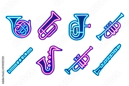 Futuristic neon music icons set with glowing brass and woodwind outlines