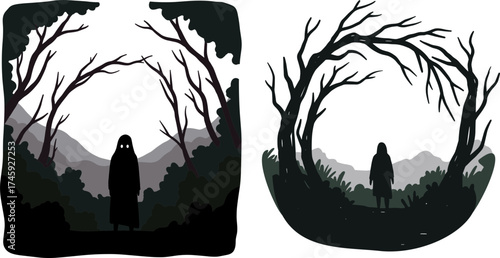 Mysterious shadowy figure standing in an eerie forest with dark trees  