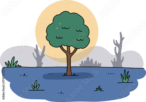 Tree standing alone on a tranquil blue landscape under a warm sun, hand-drawn style, transparent background  
