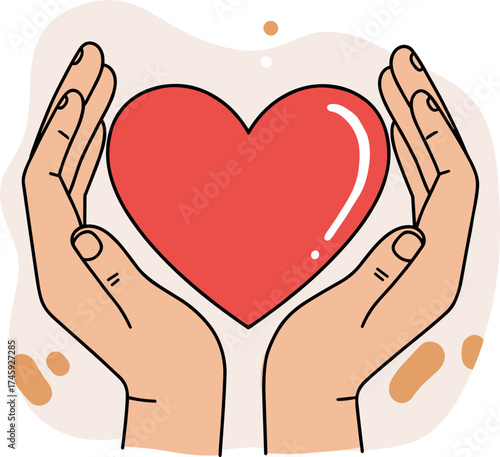 Hands holding a red heart symbolizing care and compassion in hand-drawn style, transparent background  