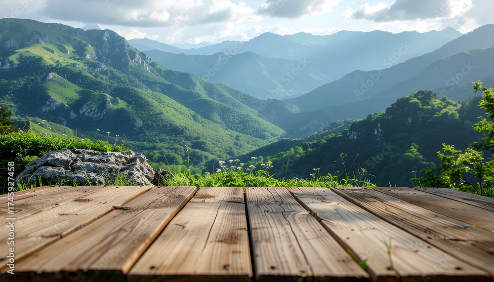 Naklejka premium Empty Wooden Table with Stunning Mountain Landscape View.
