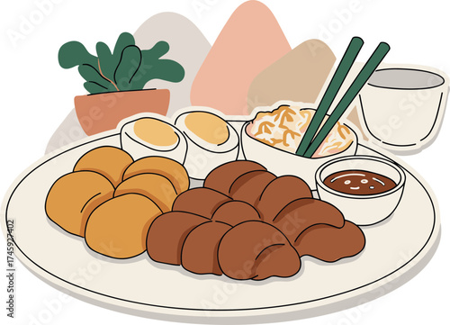 Plate of dumplings with soy sauce, eggs, and green salad in hand-drawn style, transparent background  
