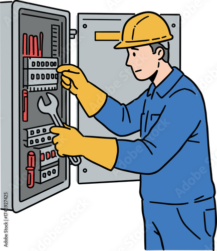 Electrician repairing electrical panel with wrench and safety gear