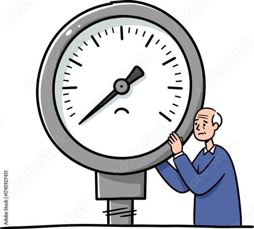 Elderly man frowning while checking pressure gauge in informal setting  