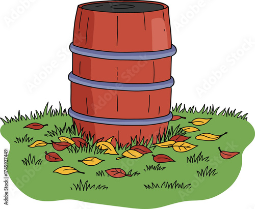Red wooden barrel placed on green grass surrounded by colorful autumn leaves in hand-drawn style, transparent background  